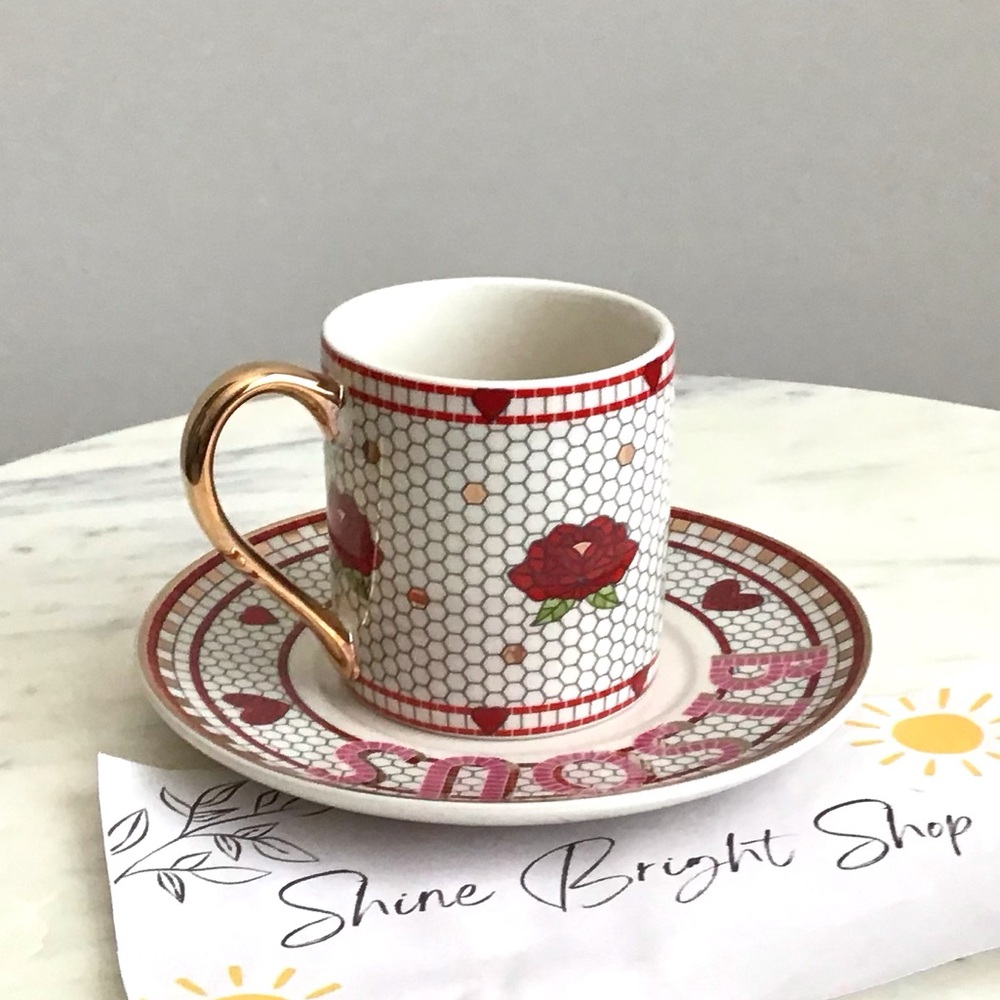 Anthropologie Bistro Tile Espresso Cup and Saucer 24K Gold Decaled New In Box